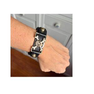 Faux Leather Black Strap Bracelet with Gold Skull and Rhinestone Detail